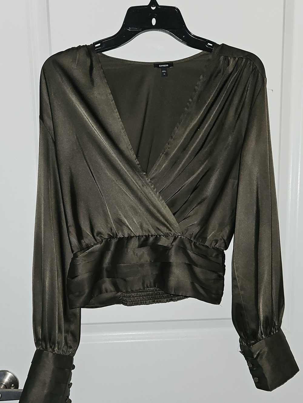 Express Olive Green Satin Surplice Long-Sleeve Top XS